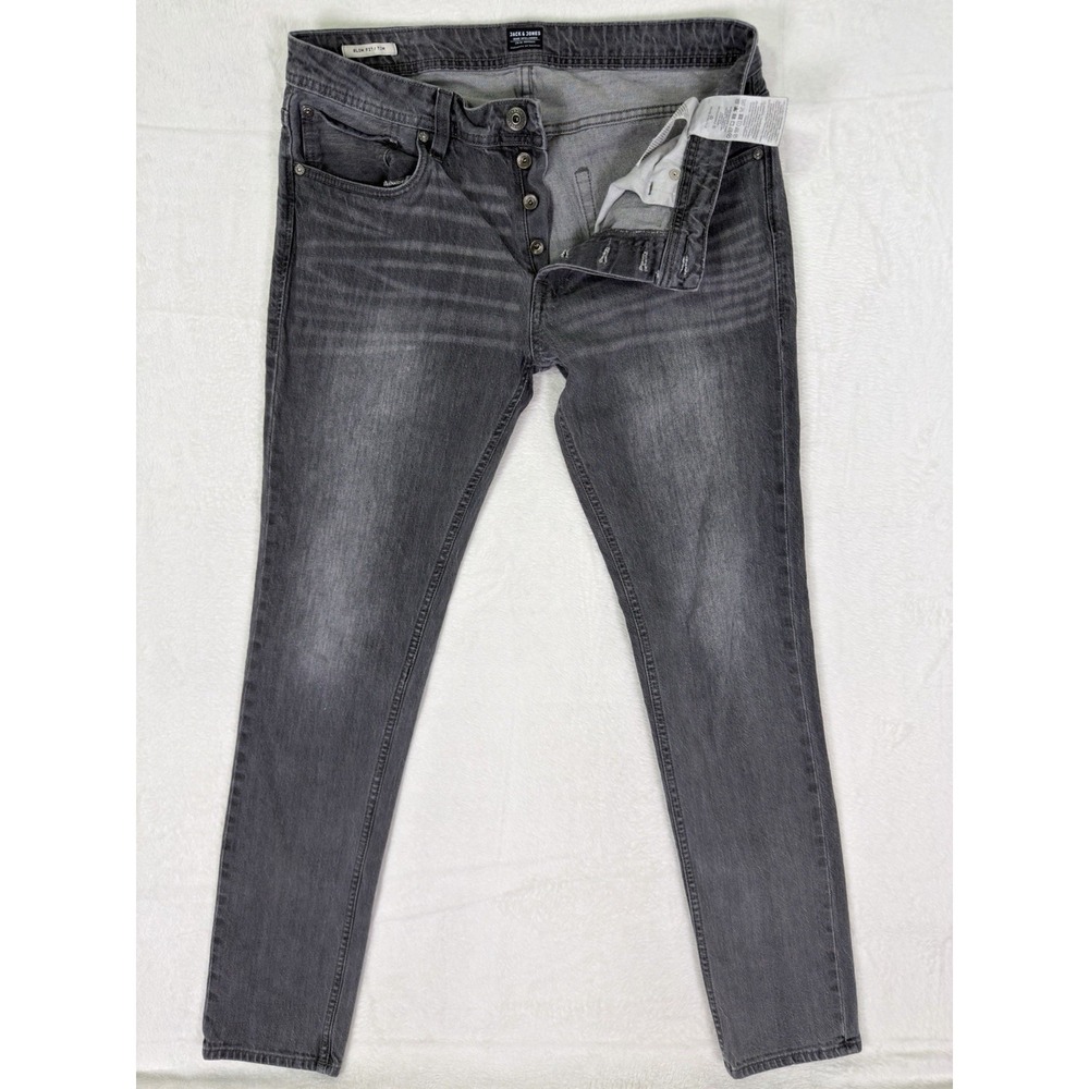 Jack & Jones Jeans Mens 32x34 Gray Denim Slim Fit Tim‎ Straight Button Fly